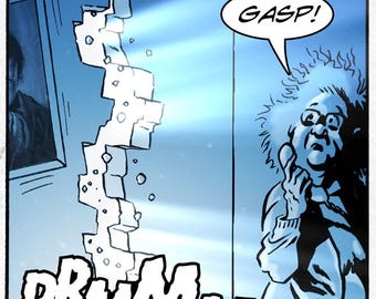 May include: Comic strip panel showing a wall splitting open, with light beams emanating from the crack. A woman in glasses exclaims "GASP!" in a speech bubble. The sound effect "RRRMMMBLL" is written in large letters at the bottom.
