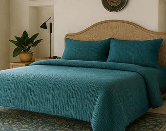Juego de funda nórdica de muselina verde azulado + fundas de almohada Ropa de cama de gasa de algodón orgánico Funda nórdica turquesa transpirable de 2 y 4 capas Juego de cama de muselina