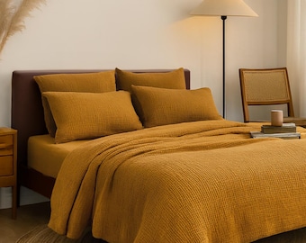 Ochre muslin duvet cover set with pillowcases Organic mustard cotton gauze bedding Breathable 2 & 4 layer comforter cover Muslin bedding set