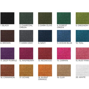 May include: A color chart featuring twenty fabric swatches in various shades. Colors include black, charcoal green, dark olive, forest green, greenery, brown, dark gray, navy, ocean blue, teal, deep purple, raspberry, redwood, carmin, rust pink, cinnamon, ochre, burnt orange, clay, and white.