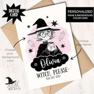 Hexe Geburtstagskarte für Mädchen, personalisierte druckbare digitale Karte mit Name und Farbe, niedliche Motivationskarte + Bonus Aufkleber & Wandkunst