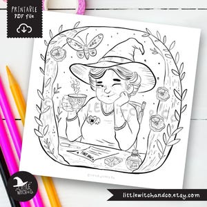 Printable coloring page of a cozy good witch holding a teacup, surrounded by flowers and a moth, with colored pencils beside the page.