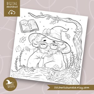 Black and white illustration of a thoughtful good witch resting on a tree branch with mushrooms and floating spellbook, digital download.