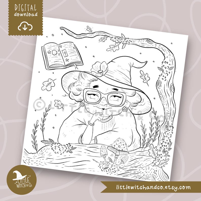 Black and white illustration of a thoughtful good witch resting on a tree branch with mushrooms and floating spellbook, digital download.