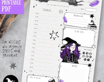 May include: Printable daily planner with a witch theme. The planner has sections for schedule, priorities, to-do list, notes, and moon phases. It also includes a space for a "spell of the day".