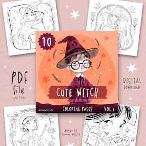 May include: A digital download of a "Cute Witch" coloring book, Vol. 1, featuring 10 magical witch pages. The cover art shows a girl in a witch hat and glasses. The pages are black and white line drawings of witches and magical elements.