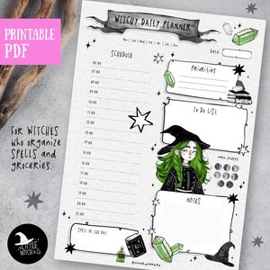 May include: Printable daily planner with a witch theme. The planner has sections for scheduling, priorities, to-do list, notes, and a spell of the day. It features a witch illustration with green hair and a black hat.