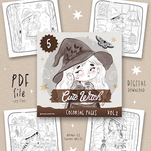 May include: A collection of five witch-themed coloring pages featuring line art illustrations of characters in hats, potion bottles, and cozy settings. The central image displays the text 5 Cute Witch Coloring Pages Vol. 2, PDF file, and Digital Download.