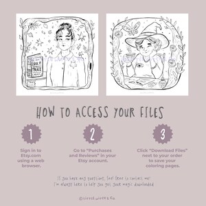 Instruction page explaining how to download your Good Witch coloring pages from Etsy after purchase.