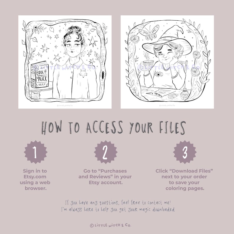 Instruction page explaining how to download your Good Witch coloring pages from Etsy after purchase.