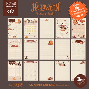 Heksenachtige Halloween-plannerbundel, handgetekende herfstplanner, digitale download, PDF