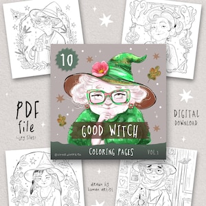 Cover of Good Witch Coloring Pages Vol.1 featuring a cozy green-clad witch with glasses and 10 magical printable pages included, digital PDF download.