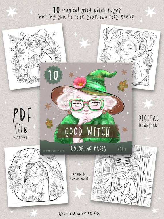 Good Witch Coloring Book • Whimsical Line Art  •  Coloring pages for adults  • PDF Instant Download