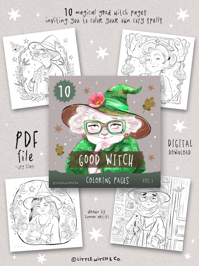 Cover of Good Witch Coloring Pages Vol.1 featuring a cozy green-clad witch with glasses and 10 magical printable pages included, digital PDF download.