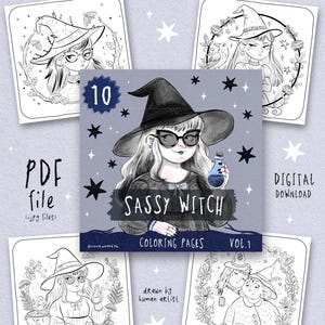 May include: A digital download of a "Sassy Witch" coloring book, featuring 10 magical witchy pages. The cover art shows a witch with sunglasses and a potion. Includes the text "Coloring Pages Vol. 1" and "Digital Download."