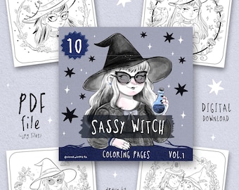 Sassy Witch Coloring Book • Whimsical Line Art  •  Coloring pages for adults  • PDF Instant Download