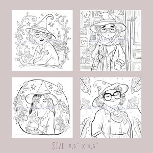 Collection preview of four whimsical witch coloring pages featuring cozy magical scenes and gentle expressions.