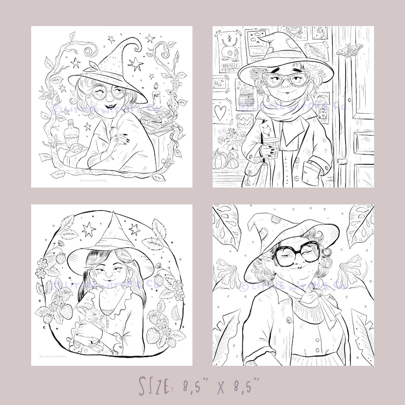 Collection preview of four whimsical witch coloring pages featuring cozy magical scenes and gentle expressions.