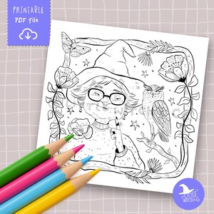 Printable coloring page of a smiling witch with glasses, owl companion, and floral frame, shown with colored pencils.