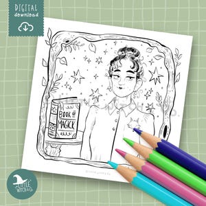 Black and white coloring page of a gentle witch standing beside a Book of Magick under a starry sky, digital download illustration.