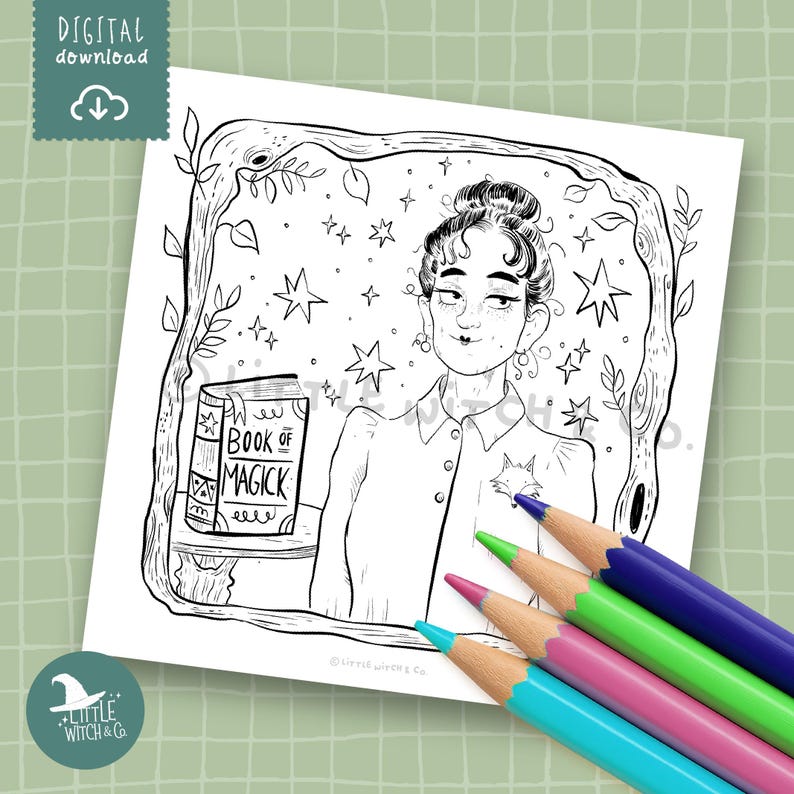 Black and white coloring page of a gentle witch standing beside a Book of Magick under a starry sky, digital download illustration.