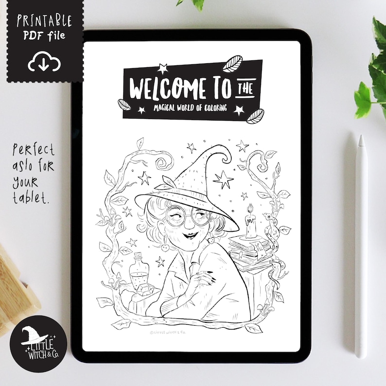 Digital Good Witch coloring page displayed on a tablet screen, suitable for printing or coloring digitally.