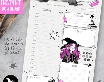 May include: A printable daily planner with a witch theme. The planner has sections for scheduling, priorities, to-do list, notes, and a spell of the day. The planner features a witch with pink hair and a black hat, stars, crystals, and a moon phases tracker.