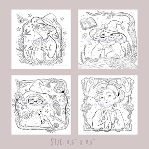 Preview layout showing four hand-drawn Good Witch coloring pages in square 8.5 x 8.5 inch format.