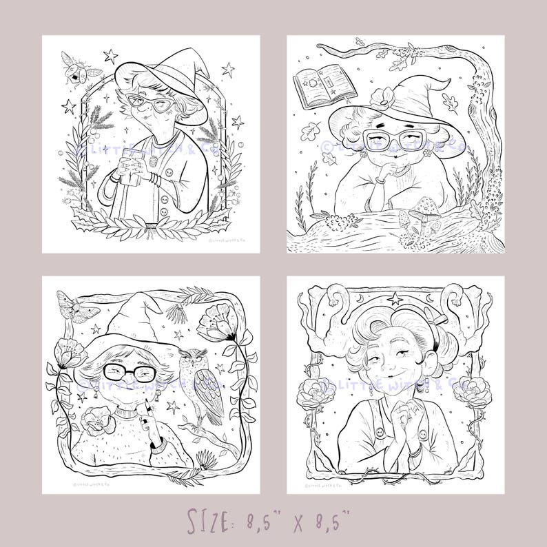 Preview layout showing four hand-drawn Good Witch coloring pages in square 8.5 x 8.5 inch format.