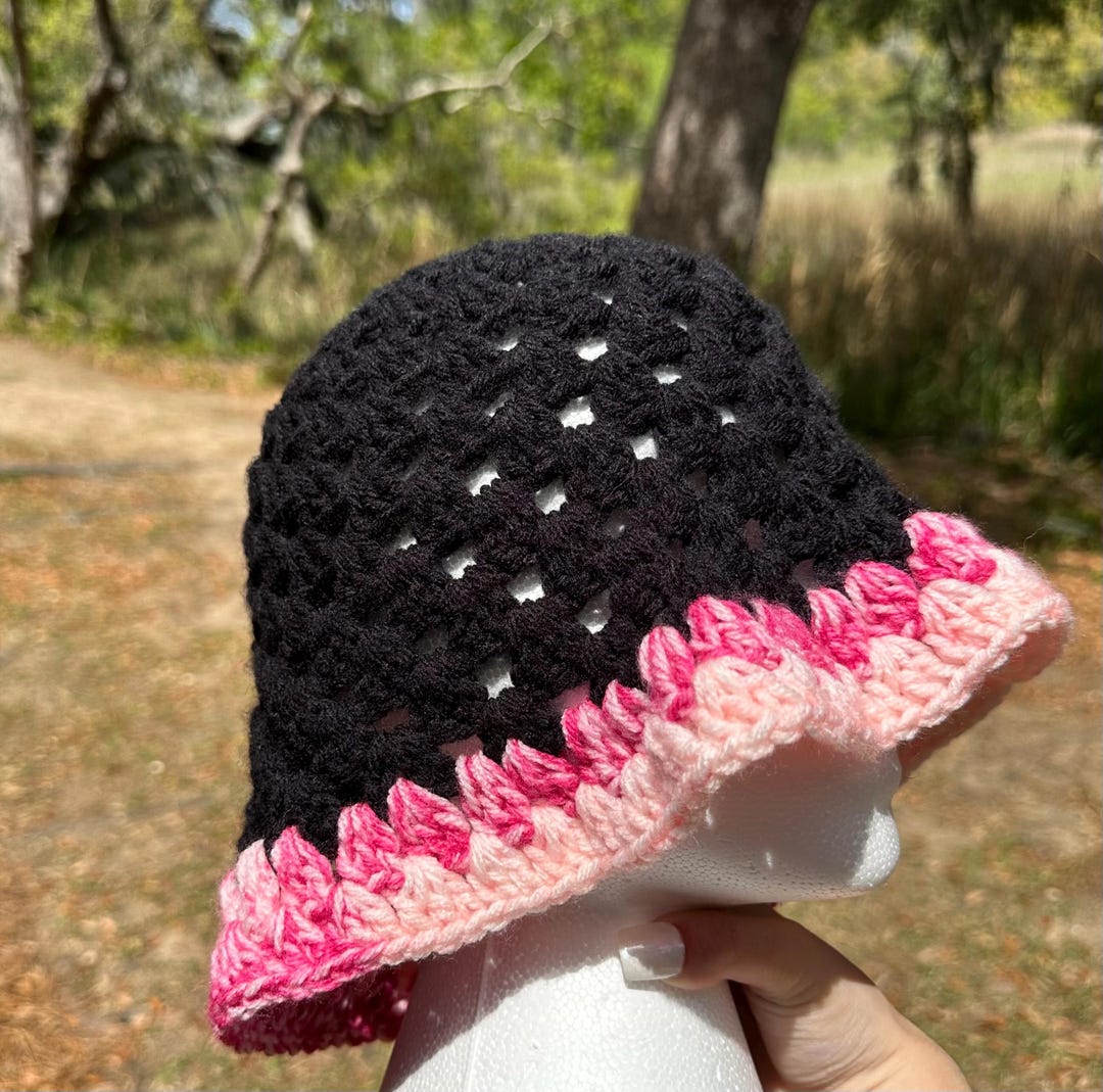 Bucket Hat Rim Support Installation Handmade Crochet Black With Pink Rim Large Bucket Hat - Etsy