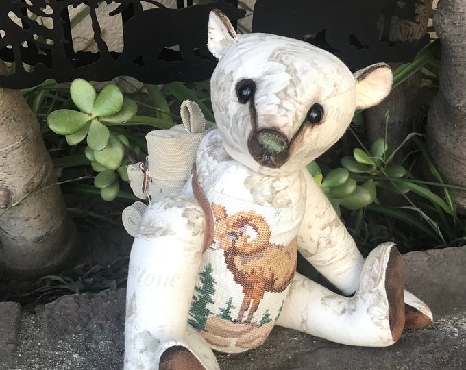 Where’er I roam - 15 inch brushed cotton and vintage cross-stitched bear