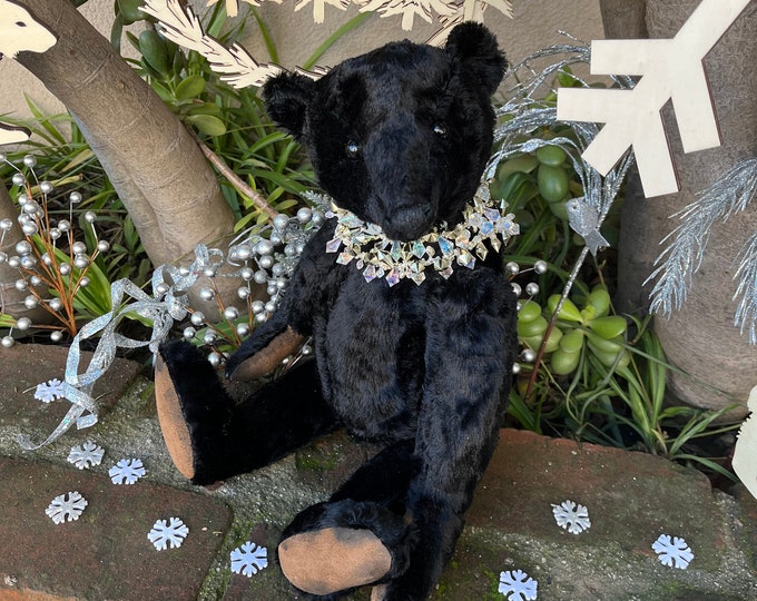 Icicle - 17 inch vintage black mohair (with silk) bear