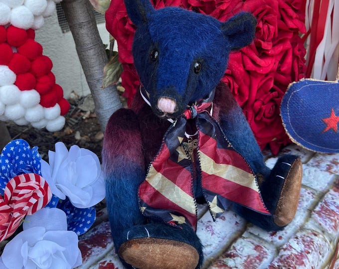 Spangle - 14 inch deep red and dark blue hand-dyed mohair bear