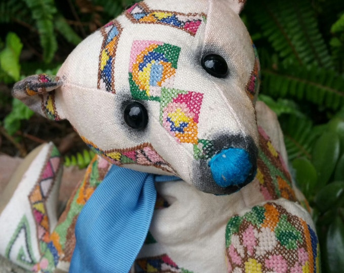 Arty - 12 inch vintage linen cross-stitched bear