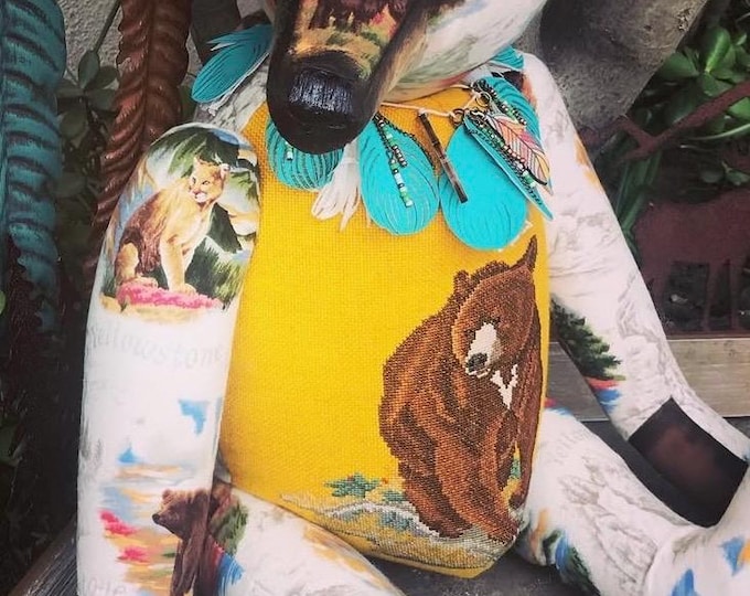 Yellowstone Bear - 24 inch vintage textiles & cross-stitched  bear
