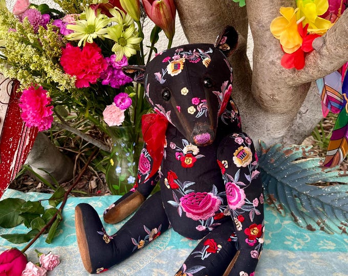 Flourishing - 19 inch black cotton  vintage floral embroidered bear