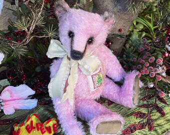 Pinks - 15 inch pink mohair bear with Christmas tree cross-stitched front