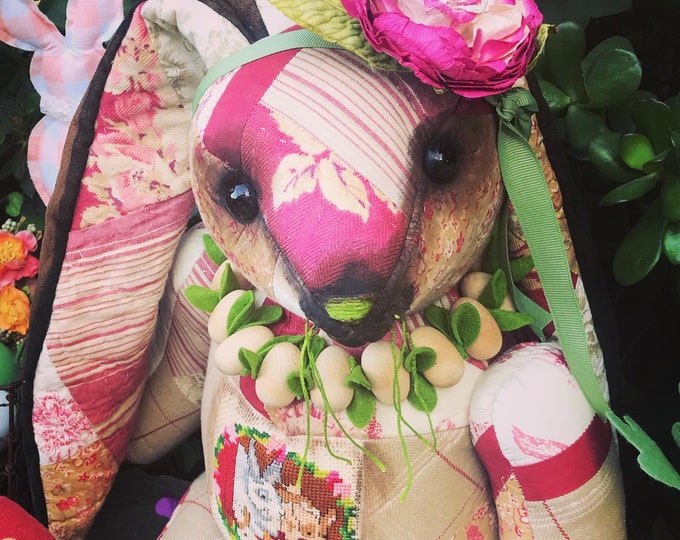 Cabbage  - 19 inch vintage patchwork rabbit cross-stitch  front & very long 16 inch lop-ears