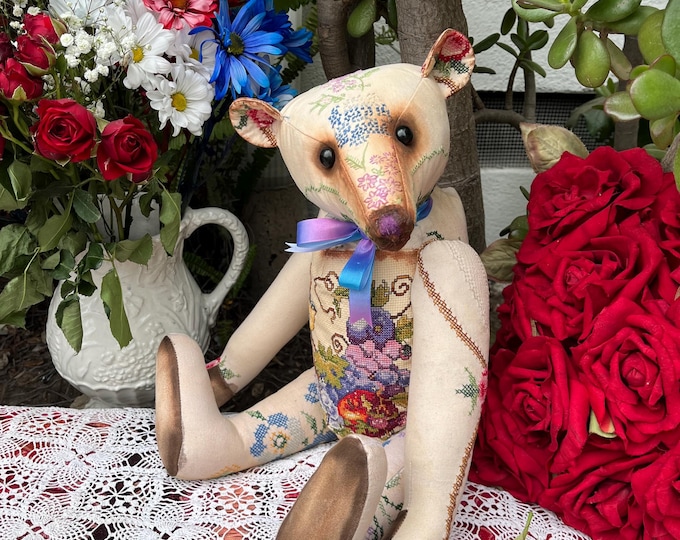My perfect view - 18 inch vintage cross-stitched bear