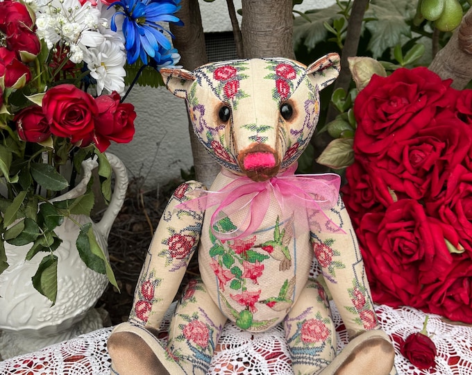 Roses for love - 16 inch vintage cross-stitched bear