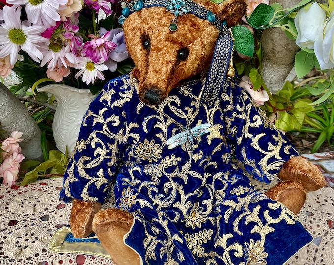 Sophia  - 20 inch vintage chenille bear in velvet embroidered dress