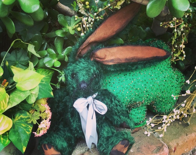 RESERVED *** Emerald - 12 inch green mohair rabbit with 9 inch extra long ears