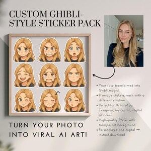 Könnte beinhalten: Ein gerahmtes Set von neun individuellen Aufklebern im Ghibli-Stil, die jeweils eine Frau mit unterschiedlichen Gesichtsausdrücken zeigen. Der Text lautet "CUSTOM GHIBLI-STYLE STICKER PACK" und "TURN YOUR PHOTO INTO VIRAL AI ART!" Zusätzlicher Text beschreibt die Aufkleber.