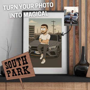 Jouw foto in South Park stijl – grappig cartoonportret | Digitale afbeelding of poster met lijst