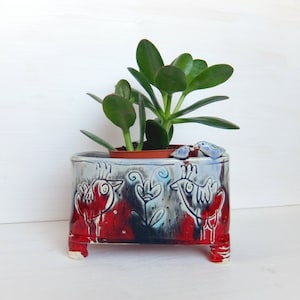 Red ceramic planter with birds, Succulent planter, Red and blue pot, Ceramic plant pot, Home decor, Garden decor