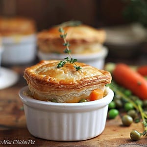 Può includere: Primo piano di una mini torta di pollo con una crosta soffice di colore dorato, guarnita con un rametto di timo. La torta è in un ramekin bianco e circondata da piselli e carote.