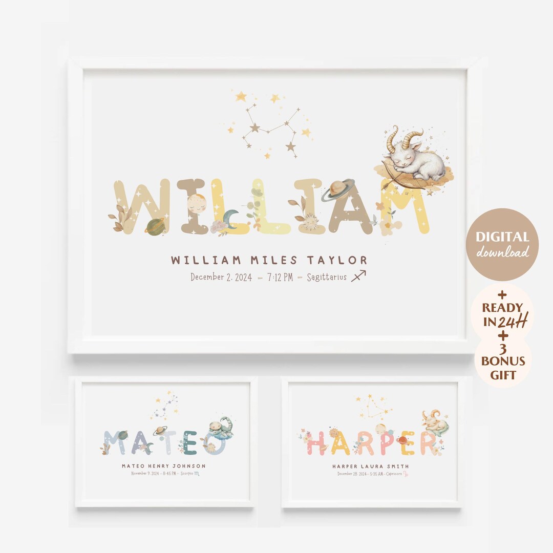 Zodiac Sign Personalized Wall Art for Kids, Printable Birth Poster ...