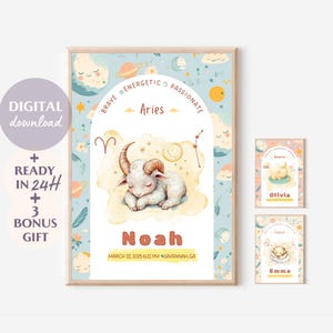 Regalo con segno zodiacale, poster del tema natale stampabile, regalo astrologico personalizzato per bambini, stile boho, decorazione da parete