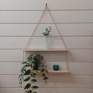 Hanging Rope Shelf – Natural Wood Wall Shelf with 1, 2 or 3 Tiers | Window shelf, wall shelf, plant shelf, hanging shelf, wooden shelf