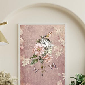 Vintage Floral Clock Digital Art | Bird & Butterfly Wall Print | Home Decor | Antique Style Printable Art | Timeless Nature Illustration